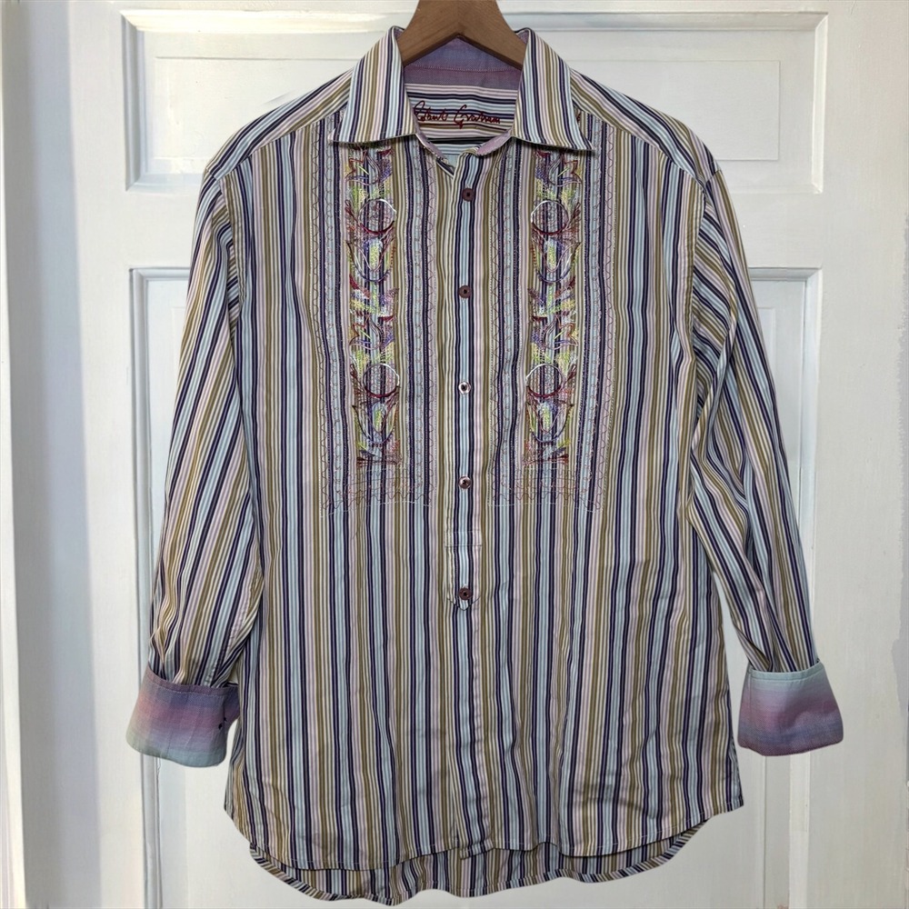 Robert Graham Striped Embroidered Multi Color Long Sleeve Button Down Shirt - Picture 4 of 12